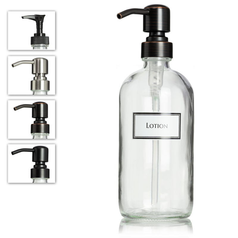 Clear Glass 16 oz Lotion Dispenser Pump Bottle with Ceramic Printed Label
