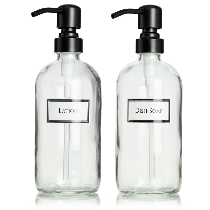 2 Clear Glass 16 oz Boston Round Soap Dispenser Pump Bottles with Ceramic Printed Labels