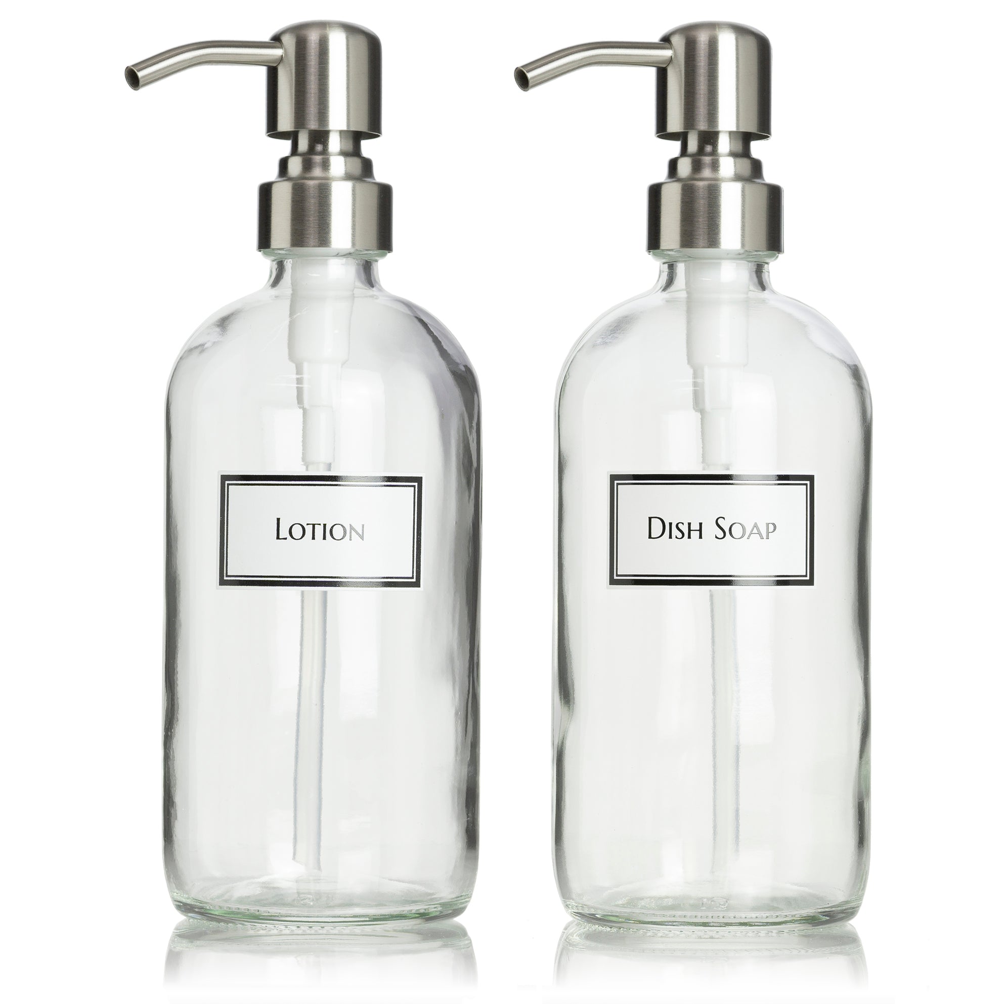 Set of two clear glass Boston round bottles with permanent ceramic printed text for "Lotion" and "Dish Soap". With 304 grade stainless steel pumps.