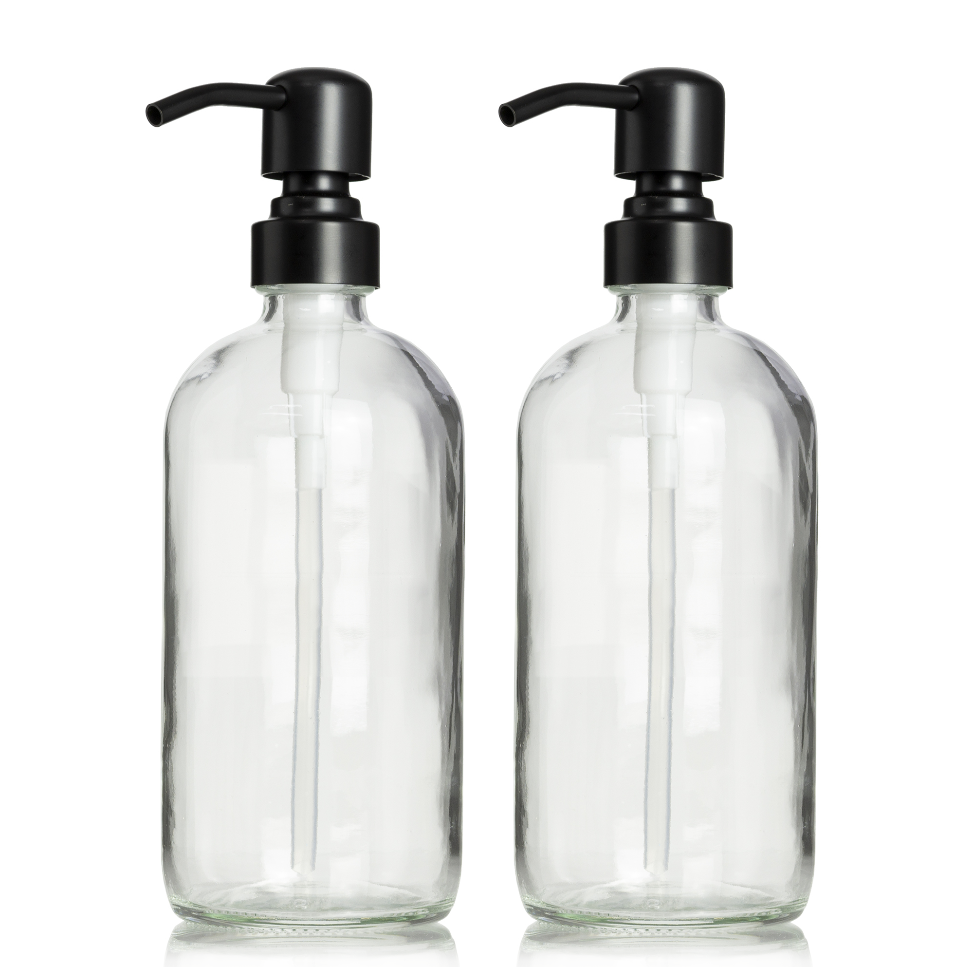 2 Clear Glass 16 oz Boston Round Soap Dispenser Pump Bottles