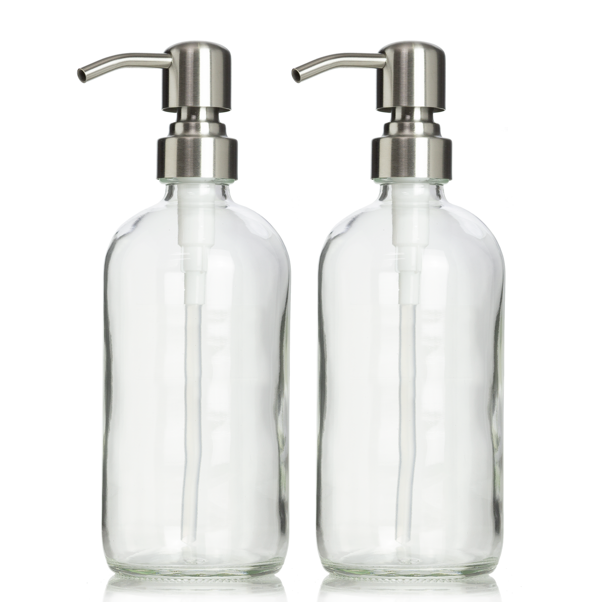 2 Clear Glass 16 oz Boston Round Soap Dispenser Pump Bottles