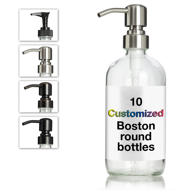 10 Customized Clear Glass Pump Dispensers W/Full Color Vinyl Labels (16 oz)