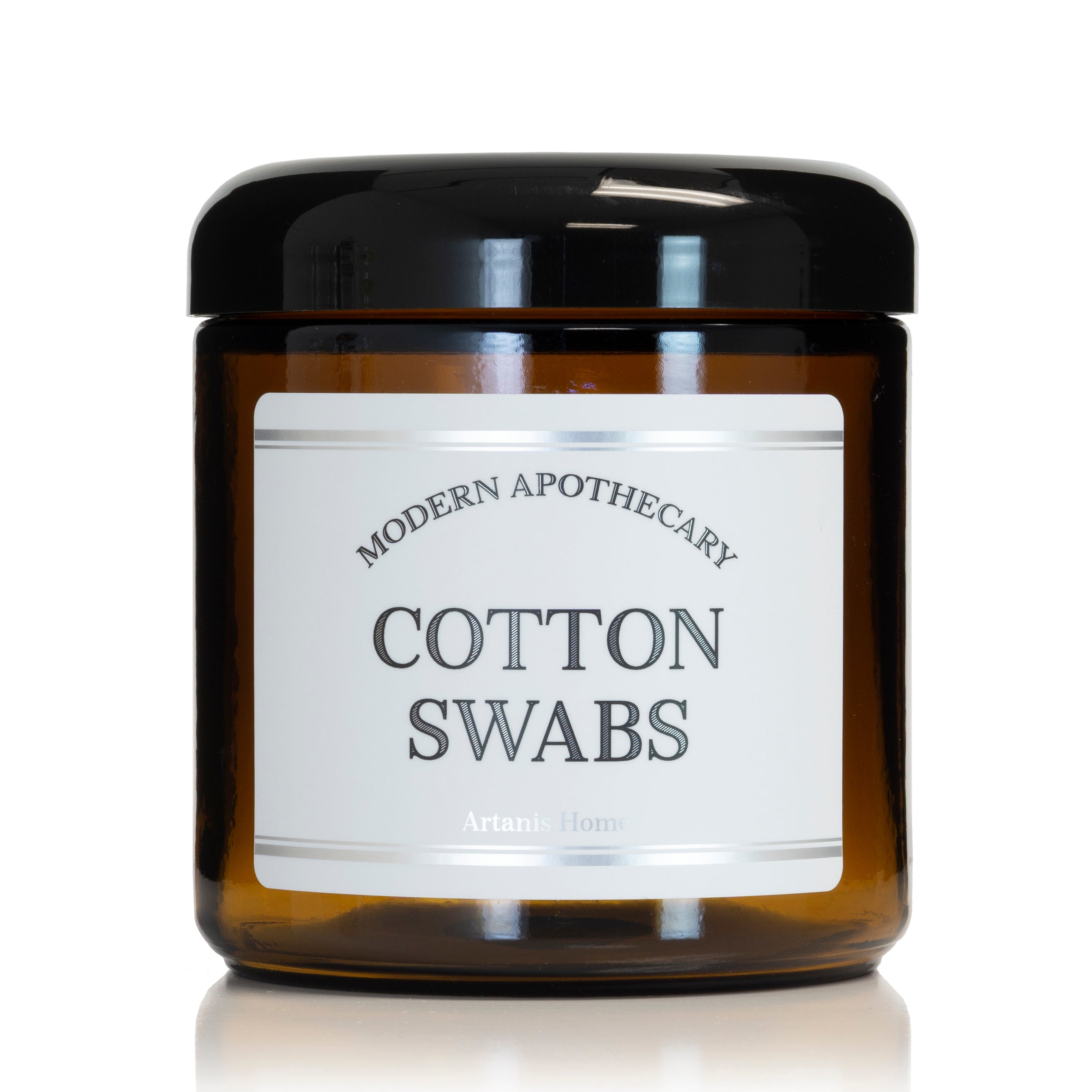 16 oz amber glass jar with Modern Apothecary Label and black dome lid, for cotton swabs.