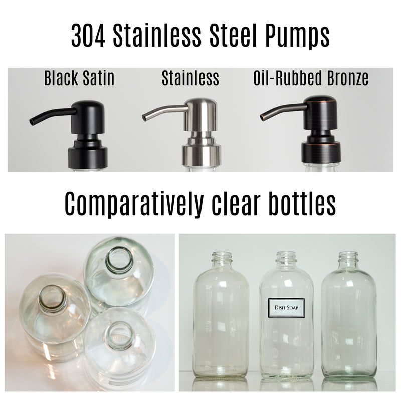 3 Clear Glass 16 oz Boston Round Soap Dispenser Pump Bottles with Ceramic Printed Labels