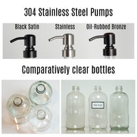 Clear Glass 16 oz Boston Round Hand Soap Dispenser Pump Bottle with Ceramic Printed Label