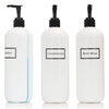 Set of three 19 oz view stripe bottles with printed "Shampoo" "Conditioner" and "Body Wash" text and black pumps. Creates a designer, decluttered shower. Easily view the fill level.