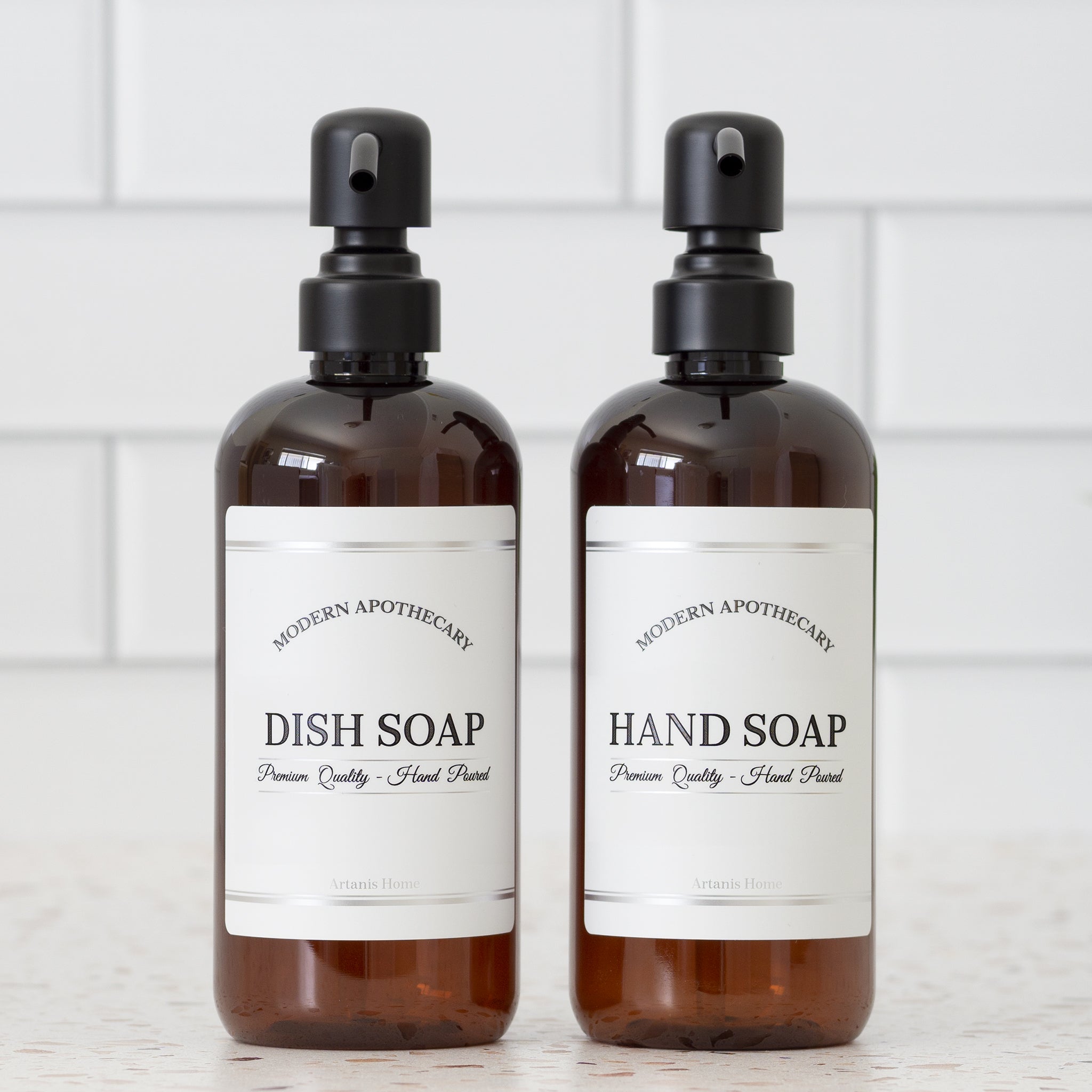 Amber "Modern Apothecary" Hand Soap, Dish Soap PET Plastic Bottle Duo